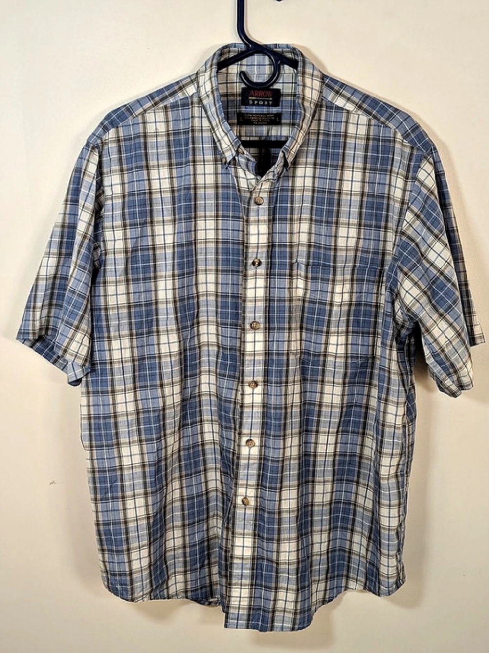 Arrow Sport Plaid Short Sleeve Shirt in Blue & Gray Size Large